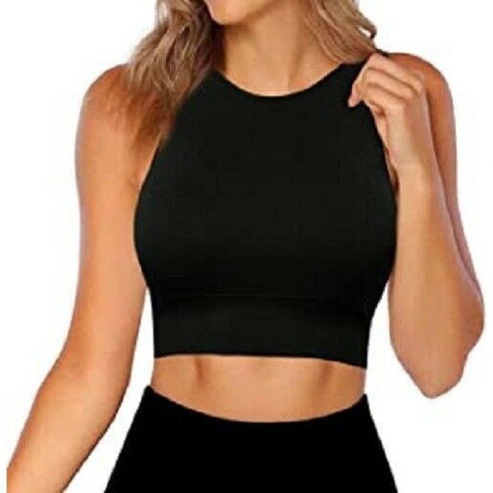 Starter Womens Black Dri Star Round Neck Sleeveless Racerback Sport Bra Size M
